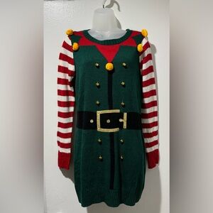 Kela Elf Oversized Ugly Christmas Sweater with Pom-Poms & Jingle Bells (Size S)